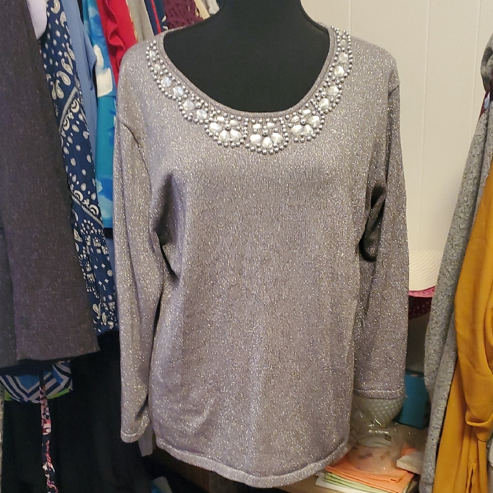 JM Collection Shimmering Gray Embellished Sweater